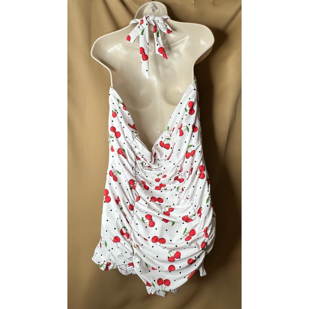 Unique Vintage White Cherry Print One-Piece Swimdress - Picture 5 of 7